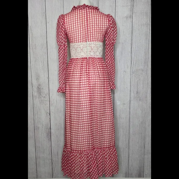 Vintage 70s Red & White Gingham Crochet Waist Prairie Maxi Dress, sz Small - Picture 5 of 6